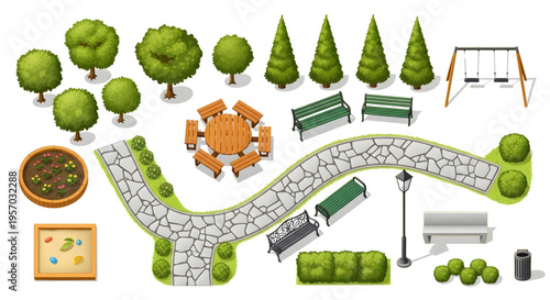 Top View Park Vector Set – Garden Walkway Trees Furniture Landscape Layout Yellow Outline Illustration