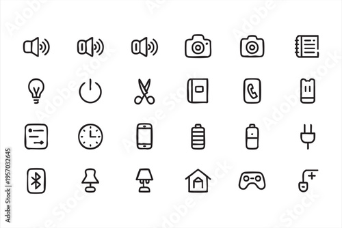 Mobile interface icon set with bluetooth power battery camera and smart home system symbols