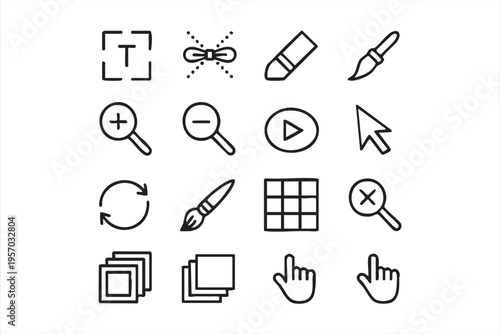 Graphic design interface icons including brush crop zoom pointer and editing toolkit elements