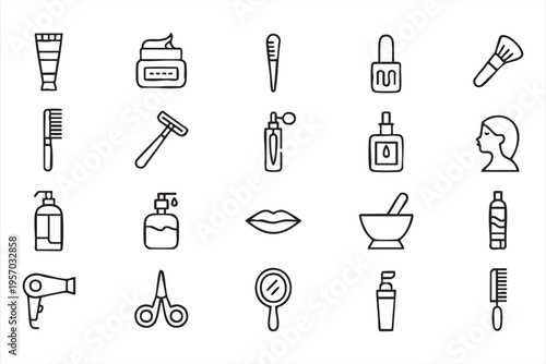 Modern beauty icon set with cosmetics haircare skincare and grooming tools for ecommerce apps