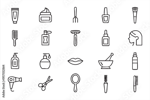 Salon and grooming icons featuring haircare tools cosmetics products and personal care elements