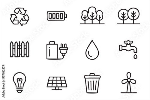 Eco energy icons with recycling solar panel wind turbine water conservation and green technology symbols