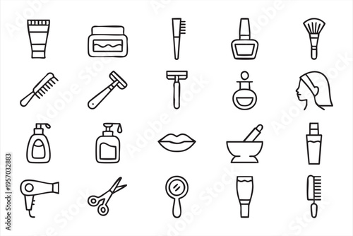 Skincare and cosmetics icons with beauty tools lotion serum and personal care accessories