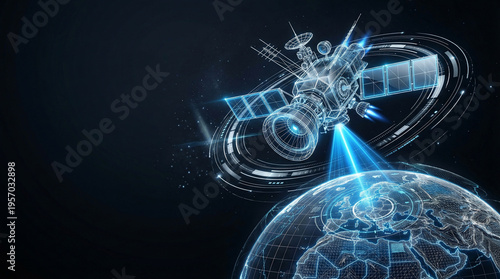 Advanced Digital Satellite Technology Beaming High-Speed Data to a Wireframe Earth, Illustrating Global Communication Networks and Futuristic Connectivity Concepts