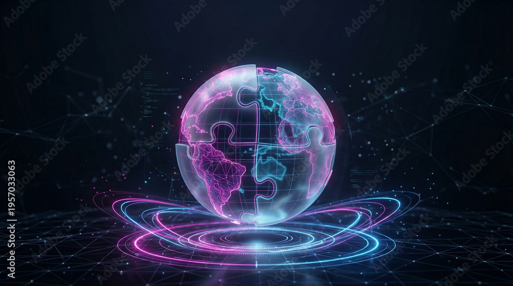 Obraz premium Digital world puzzle globe glowing with neon light, symbolizing global connection, data integration, and technological advancements across continents