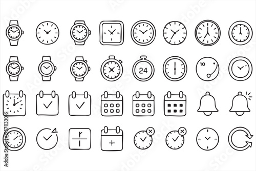 Time and calendar UI icons with clock alarm timer stopwatch and scheduling tools for apps