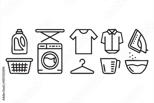 Laundry and washing icons with machine detergent iron basket and clothing care tools for apps