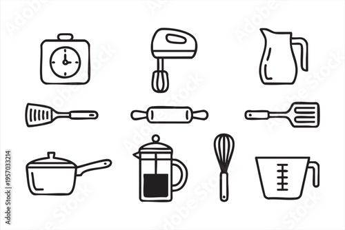Cooking and baking icon set featuring kitchen tools mixer whisk rolling pin and cookware