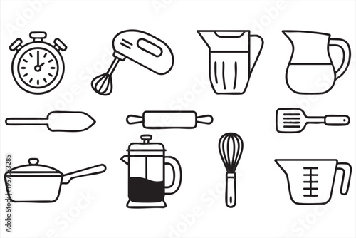 Kitchen equipment icon set with mixer whisk spatula and cookware for food interfaces