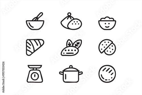 Food delivery and restaurant icons with bakery items cooking tools and meal symbols