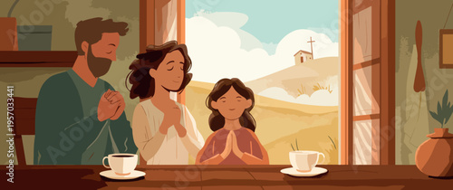 Family Morning Prayer at Home with Church on Hill in Background Vector Illustration