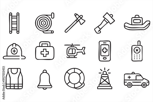 Safety and emergency UI icons featuring ambulance helicopter first aid and alarm systems