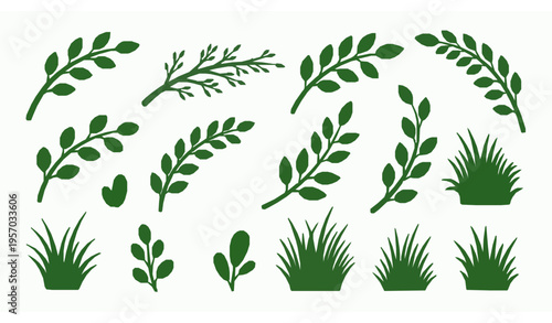 Hand-drawn green branch and grass silhouettes vector set isolated on white for botanical nature design