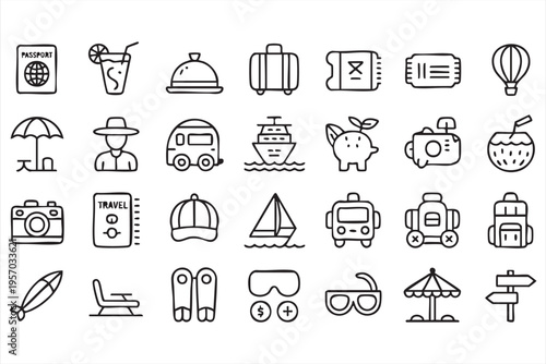 Travel app icons with holiday planning tools transport and tourism elements