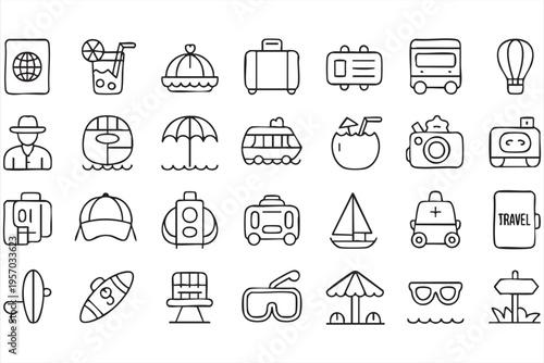 Travel booking icon set with vacation symbols beach transport and adventure elements