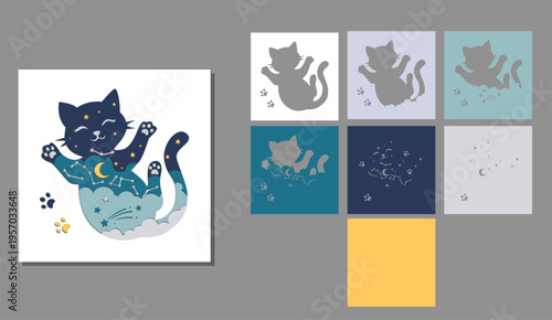 Multi-layered panel postcard picture with a starry cat