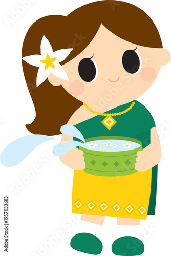 Cute Cartoon Girl Celebrating Songkran Water Festival