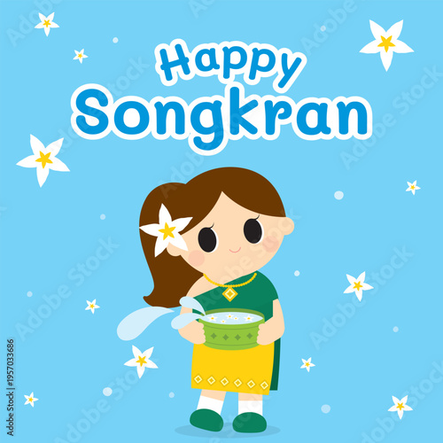 Happy Songkran Festival Celebration with Cartoon Girl