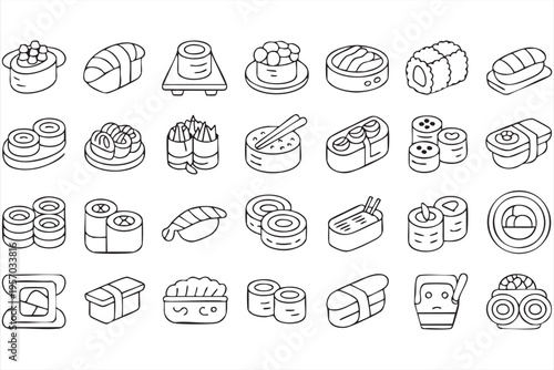 Sushi and Japanese food icons with rolls nigiri sashimi and bento for restaurant apps