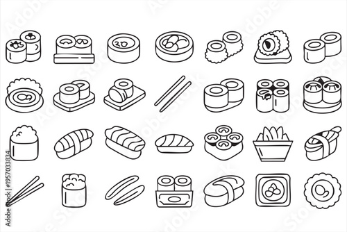Japanese cuisine icon set featuring sushi rolls rice chopsticks and seafood dishes