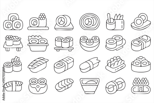 Restaurant and food delivery icons with sushi bento rolls and japanese cuisine symbols