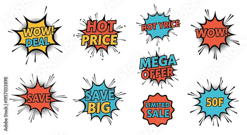 Vector  illustration of Collection of comic book style sale promotion bubbles with halftone dots isolated on white background