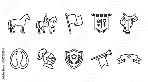Medieval equestrian heraldry icons set featuring various symbols representing knights, horses, and historical elements in a simple line art style.