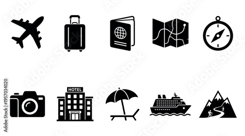 Travel icons set representing various tourism and vacation activities, including airplane, luggage, passport, map, compass, camera, hotel, beach, cruise, and mountains.