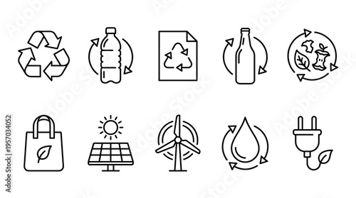 Environmental sustainability icons representing eco-friendly practices, waste reduction, and renewable energy sources for a greener planet.