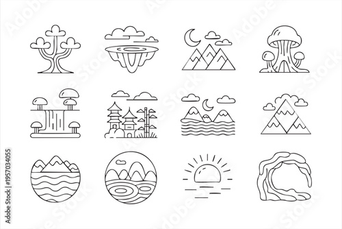 Game design icons with fantasy scenery mountains floating islands and mystical worlds