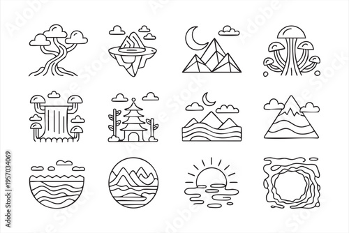 Mystical landscape icon set with mountains mushrooms and dreamlike environment scenes