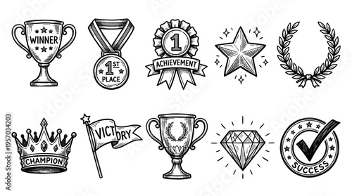 Hand drawn success and achievement symbols collection featuring trophies, medals, ribbons, stars, crowns, and victory elements in a vintage sketch style.