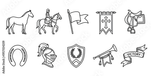 Medieval knight horse heraldry symbols collection of outline illustrations depicting historical elements like armor, flags, and victory banners in a traditional tattoo style.