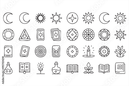 Modern Occult Icons Set with Cosmic Moon Sun and Star Symbols