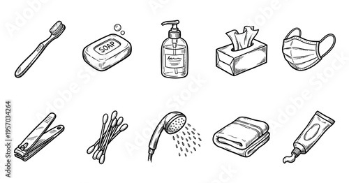 Personal hygiene items and bathroom essentials collection in a hand-drawn doodle style, perfect for health and cleanliness concepts and illustrations.