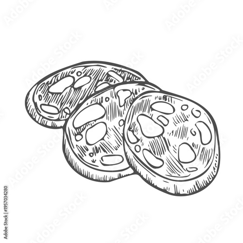 Sausage slices line icon. Hand drawn retro salami, mortadella or chorizo rings with meat and lard. Delicatessen food, butchers shop mascot, outline pile of sausage pieces icon vector illustration