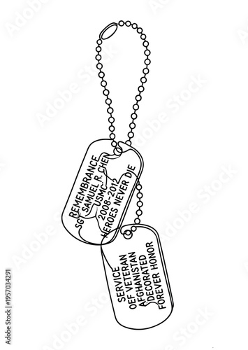 Military dog tags with remembrance messages honoring a decorated veteran's service and sacrifice, symbolizing bravery and eternal honor.