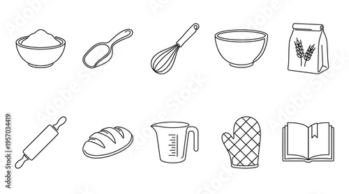 Baking icons collection featuring various kitchen tools and ingredients essential for preparing delicious homemade pastries and bread.