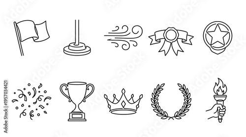 Achievement success celebration competition icons set in a minimalist line art style, representing victory, awards, and championship elements for various design projects.