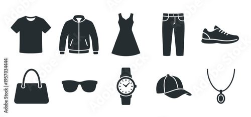 Clothing and accessories icons representing various fashion items for men and women, perfect for e-commerce and retail design projects.