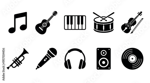 Musical instruments and audio equipment icons are displayed in a clean, modern black silhouette style, representing various elements of sound, performance, and recording.
