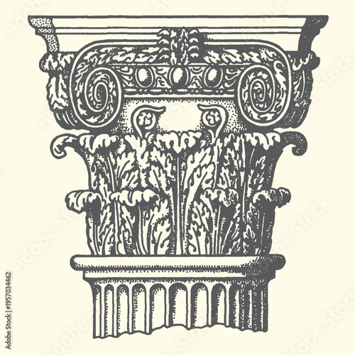 Ionic Capital Column Top Architectural Detail Vector Illustration, Vintage Sketch Style, Classic Design Element