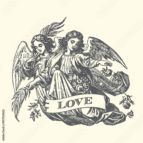 Two cherubs with wings holding love banner vintage engraved illustration romantic symbolism