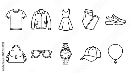 Fashion clothing and accessories icons in a minimalist outline style, featuring a diverse collection of apparel, footwear, and personal items.
