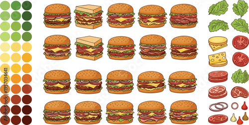 Burger Ingredients and Cheeseburger Variations Vector Set with Sandwich Layers Cheese Lettuce Tomato Meat and Color Palette for Fast Food Illustration Collection Design