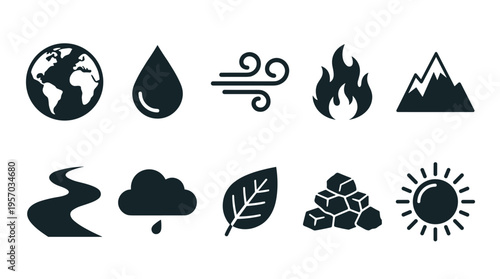 Natural elements icons set illustrating essential environmental resources and natural phenomena including earth, water, wind, fire, mountains, clouds, and sun.
