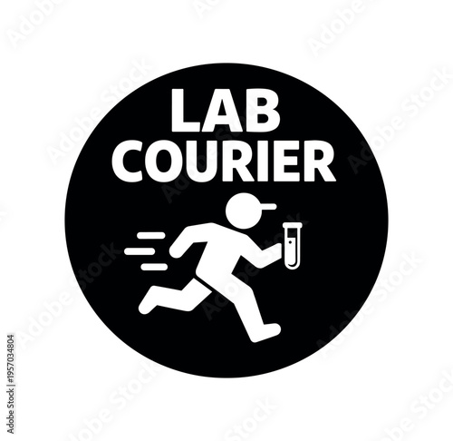 Running courier with test tube lab courier label black circle flat vector icon