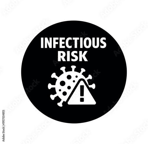Virus particle with caution triangle infectious risk flat vector icon