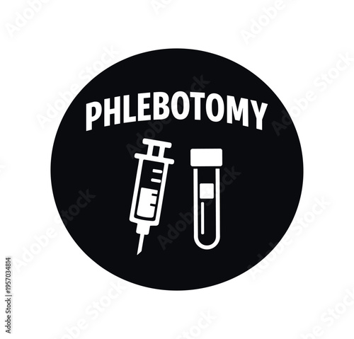 Syringe and test tube phlebotomy badge black circle flat vector icon