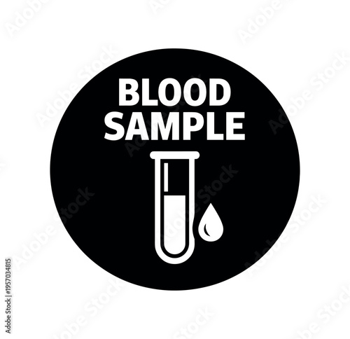 Single black circular icon with a test tube and droplet labeled blood sample for laboratory identification